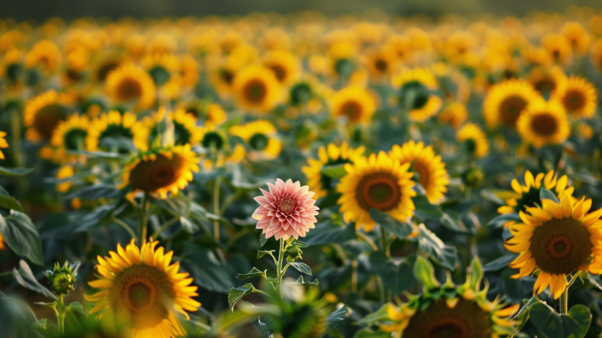 Dahlia misplaced in the middle of sunflowers